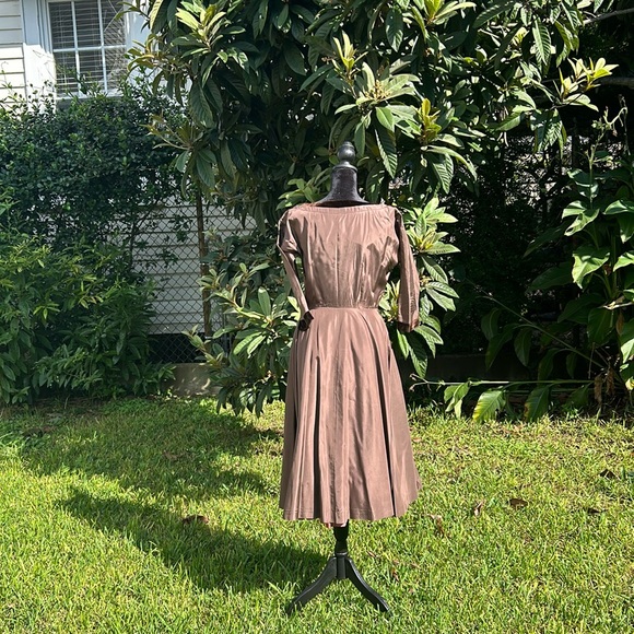 50s 60s Art Deco Brown Party Dress S/M - Picture 3 of 11